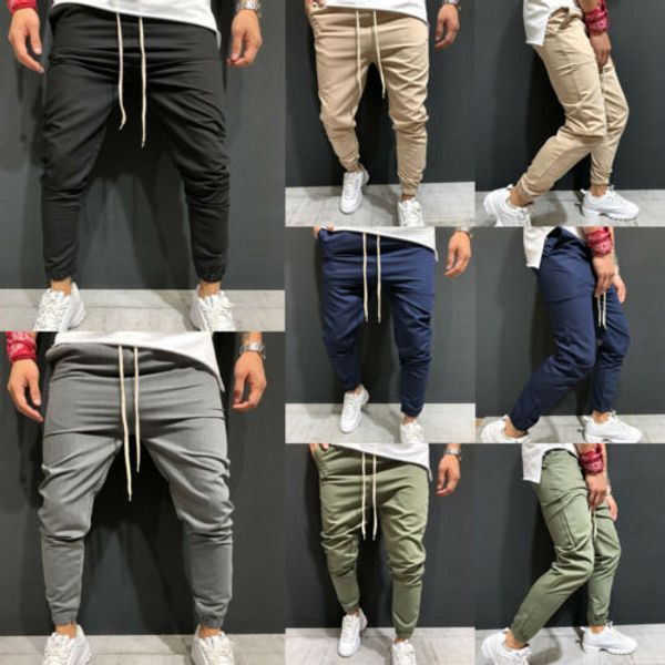 

stylish men solid-color lace-up pockets slim casual nine-points pants sport gym slim fit running joggers long trousers m-xxxl, Black