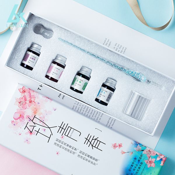 

glass pen gift box golden pastel ink pen set student dip, Black;red