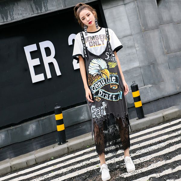

dresses summer new high street eagle sequined cropped dress linen black lace patchwork women hole high fashion dress, Black;gray