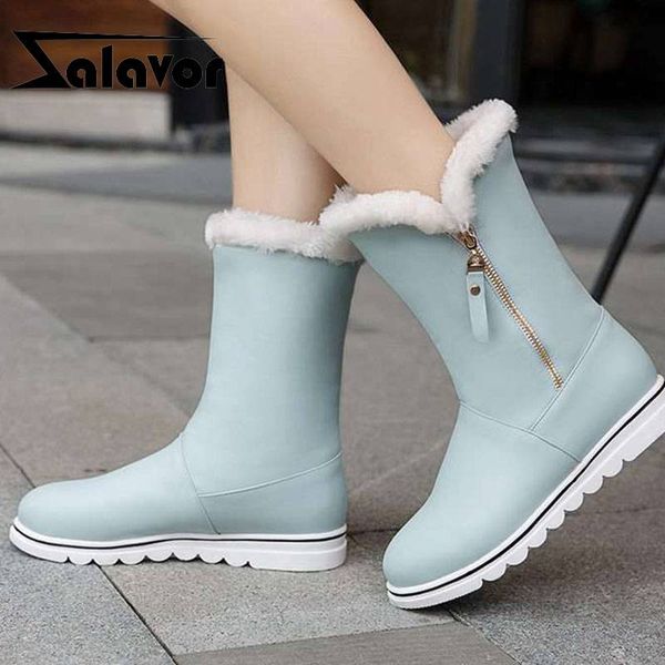 

zalavor women mid calf boots round toe keep warm boots flats warm snow daily shoes woman size 31-39, Black