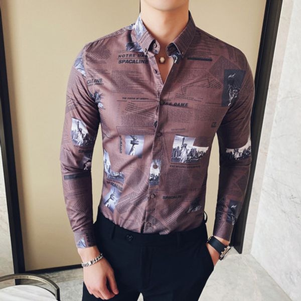 

trendy men's personality newspaper pattern flower shirt 2020 spring new men's korean slim-long-sleeved shirt men, White;black