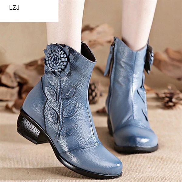 

lzj new cow ankle boots women shoes genuine leather winter women boots soft flower warm botas mujer invierno 2019 bota, Black