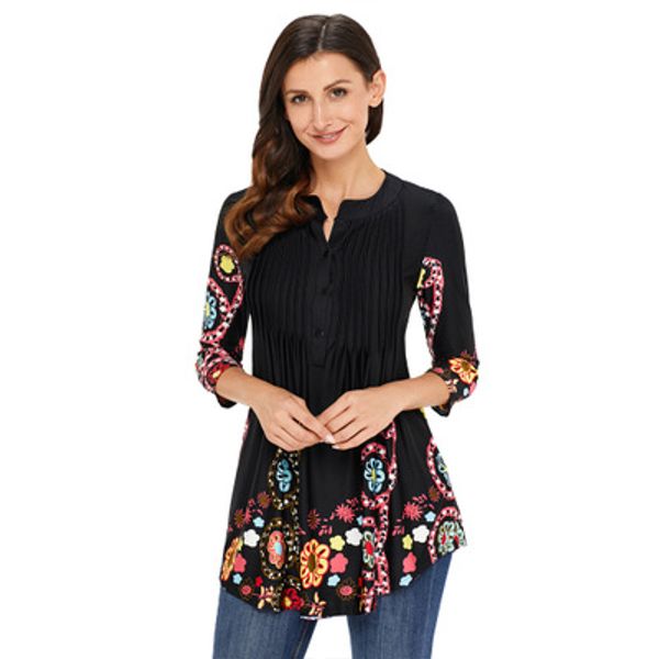 

2019 женщины печатные футболки цветочные длинные женские новые поступления рубашки с круглым вырезом причинно семи четверти рукава тройники, White