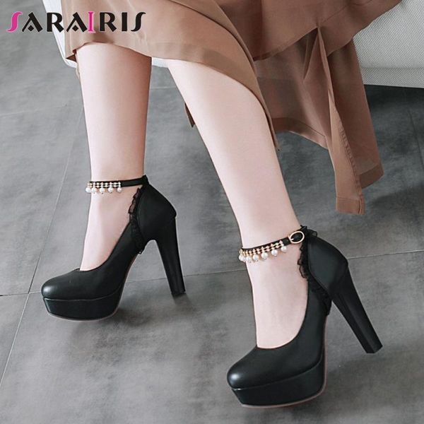 

sarairis дамы высокие каблуки платформы насосы сладкие сжатый твердая bridal насосы женщины elegant pearl украшать обувь женщина, Black