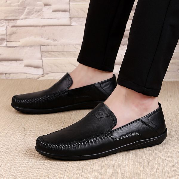 

men casual shoes outdoor genuine leather loafers fashion men moccasins breathable slip on italian boat shoes, Black