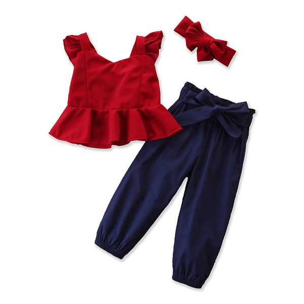 Neugeborenes Baby-Kleidung, Fliegenärmel, Chiffon-Weste, RedTops, Marineblau, Schleife, Denim-Hosen, süßes Mädchen-Outfit