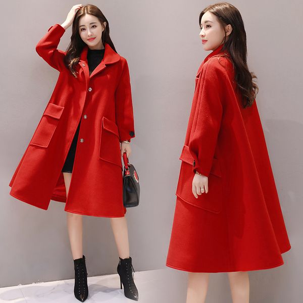 

women's wool & blends single breasted long woolen winter coats pockets coat and jacket wide-waisted casual ladies, Black