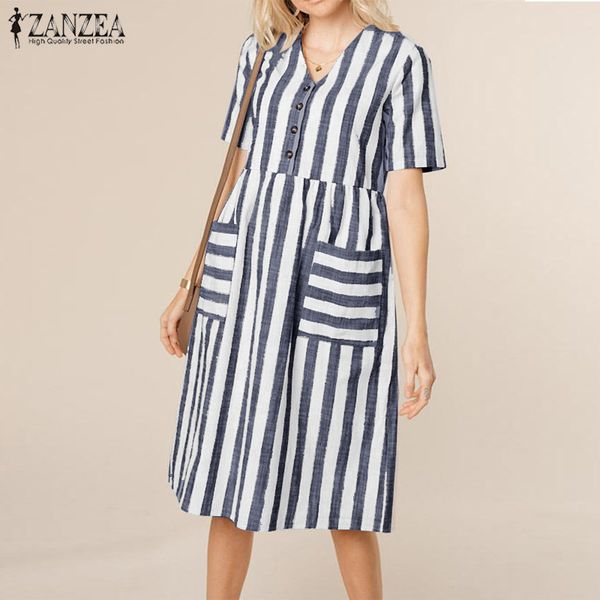 

elegant women's v neck shirt dress 2019 zanzea summer striped sundress ladies short sleeve casual midi vestidos plus size robe, Black;gray