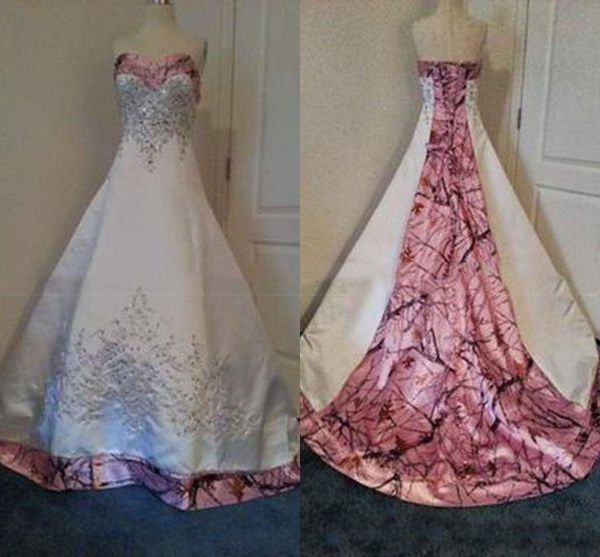 

Embroidery Beaded Pink Camo Wedding Dresses Lace up Back Crystal Bridal Dresses White Satin Realtree Wedding Gowns with Court Train