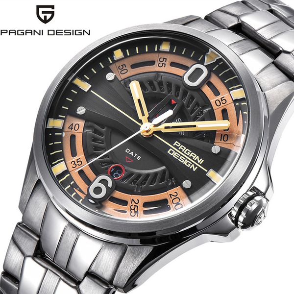 

pagani design men watch mens stainless steel 30m waterproof quartz sport hollow calendar watches relogio masculino, Slivery;brown