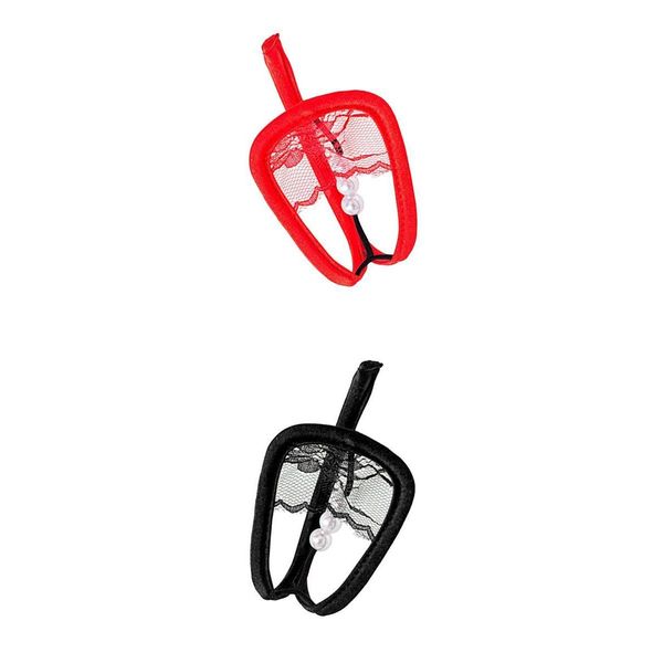

2 pcs women lace c string thong underwear exotic lingerie red/black womens pearls for nightwear, Black;pink