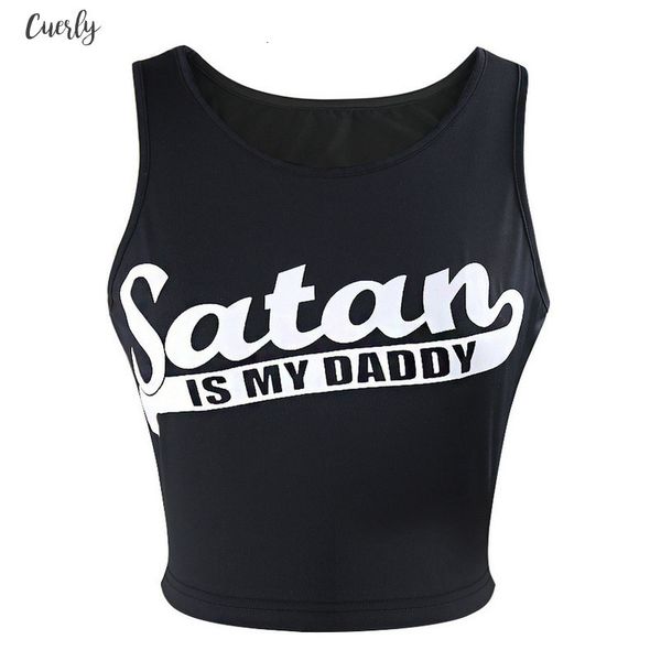 

print letter satan is my daddy t shirt female crop tees casual black t shirt women sleelveless short summer tshirt, White