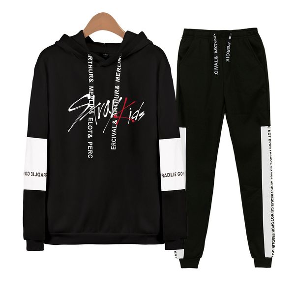 

keluoxin kpop stray kids hoodies sweatshirt+sweatpant set women men hip hop stray kids two pieces set pullover fleece tracksuit, Black