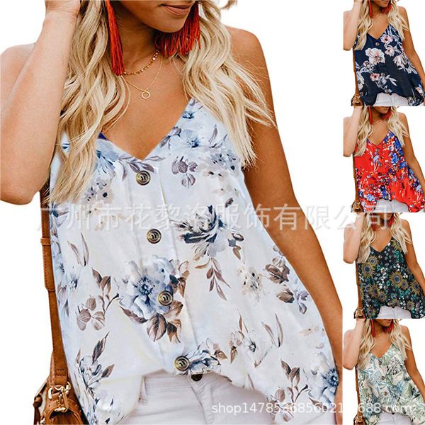 

2019 v printing collar button camisole shirts sleeveless jacket, Gray;blue