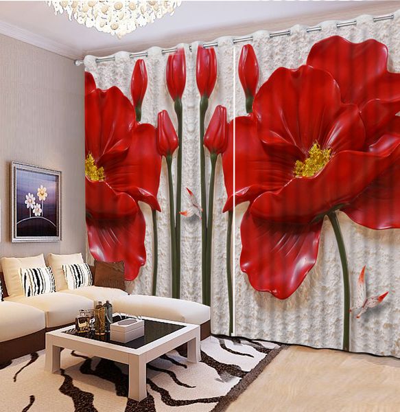 Novo Sombra Tecido Vermelho brilhante flowe 3D Foto Janela de Impressão Cortina Blackout para Sala de estar Quarto Cortinas Do Hotel Têxteis Para Casa