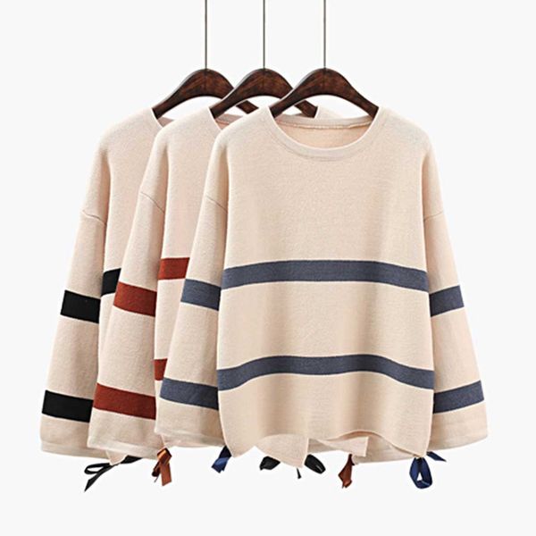 

new 2019 autumn and winter women solid stripe sweater o-neck batwing sleeve long sleeve slim women knit sweater and pullover, White;black