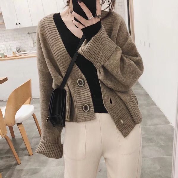 

cropped cardigans sweaters female with button solid short sweater mujer v neck long sleeve sweater women loose knitted cardigans, White
