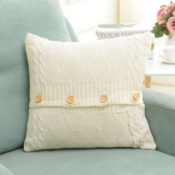 Knitted Pillow Cover Rhombus Wool Pillow Case Button Sofa Cushion