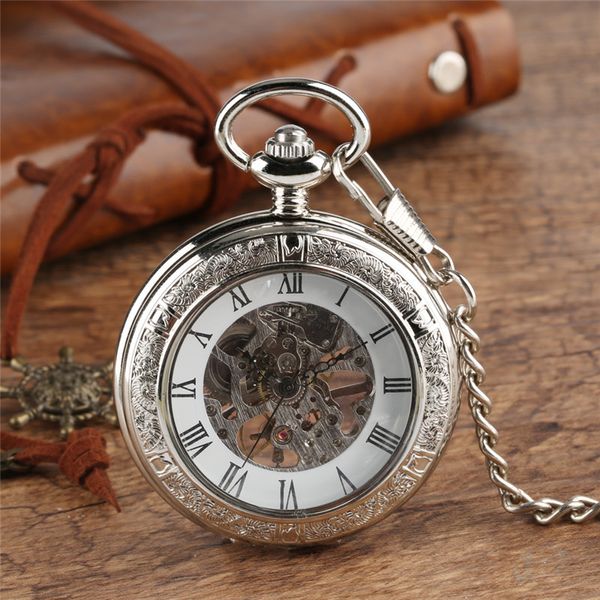 

steampunk vintage pocket watch men women hand wind mechanical watches transparent cover fob clock pendant chain gift, Slivery;golden