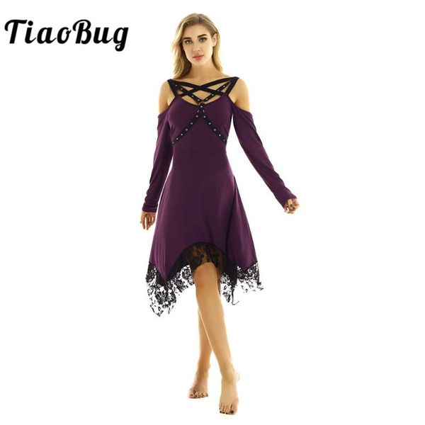 

tiaobug women vintage gothic off shoulder long sleeves irregular lace hem solid color performance dance dress for ballroom party, Black;red