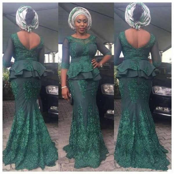 

aso ebi evening dresses with 3/4 long sleeves illusion peplum lace appliques merrmaid prom dress long low back zipper african party dress, Black;red