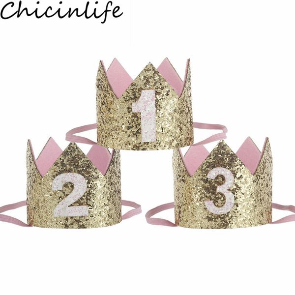 

chicinlife 1pcs 1-3 years old birthday crown headband boy girl 1st birthday party hat kids hair accessory baby shower supplies