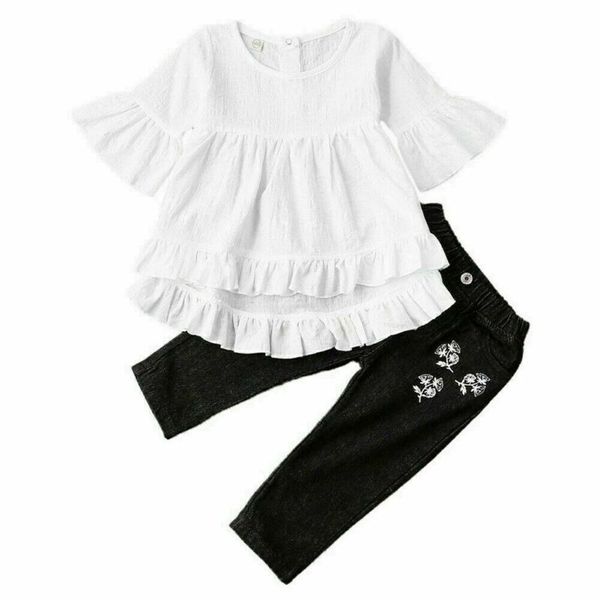 

emmababy 2pcs дети девочки одежда рябить платье топы джинсовые брюки casual outfit set t200707, White