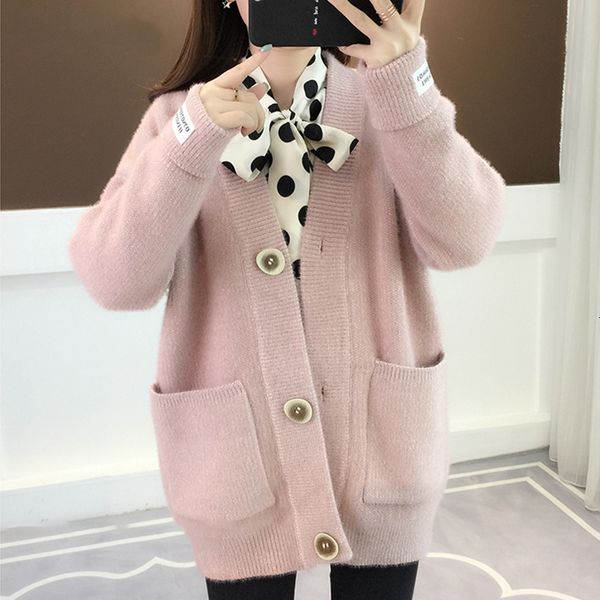 

2019 autumn winter loose cardigan women korean letter printed pocket long sleeve sweater cardigan female knitted jacket women, White