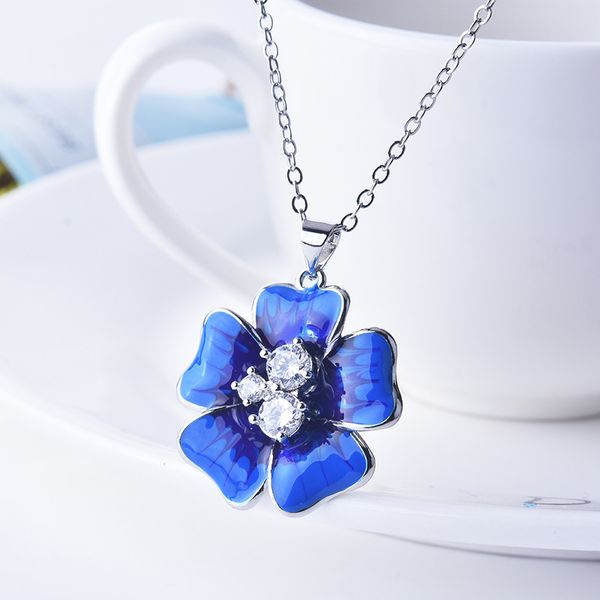 

enamel blue flowers modeling wedding delicate silver necklace classic white crystal banquet anniversary women's jewelry