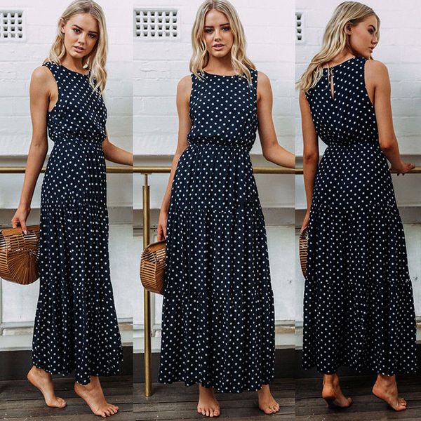 

Brand New 2019 Fashion Women Dress Clothes Sleeveless O-neck Polka Dots Party Bodycon Summer Beach Long Maxi Dress S M L XL