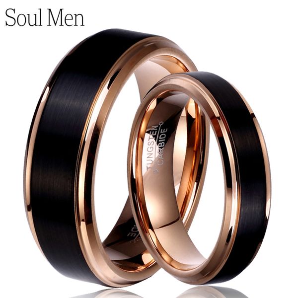 

soul men 1 pair man & woman black & rose gold color tungsten carbide marriage wedding rings set 8mm for boy 6mm for girl, Golden;silver