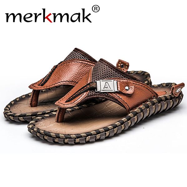 

merkmak men's flip flops summer beach sandals casual genuine leather men flats slip-on slipper big size 38-47 breathable shoes, Black