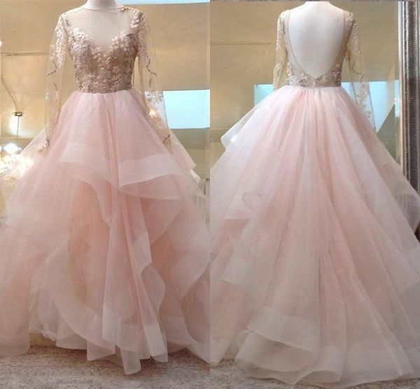 

classic backless prom dresses with ruffles illusion long sleeve embroidered lace pearls sweet 16 dress evening gowns quinceanera dress, Black