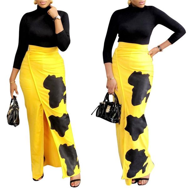 

split solid color print designer womens skirts light yellow high waist ladies skinny skirts female clothing, Black