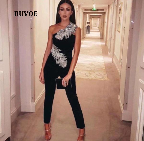 

elegant black sleeveless jumpsuit one shoulder 2019 new women celebrity party feathers rayon bandage jumpsuits f-61, Black;white