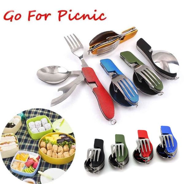 

2019 Multifunction Outdoor Camping Tableware Stainless Steel Cutlery 4 in 1 Folding Fork Knife Bottle Opener Picnic Dinnerware Set M133F