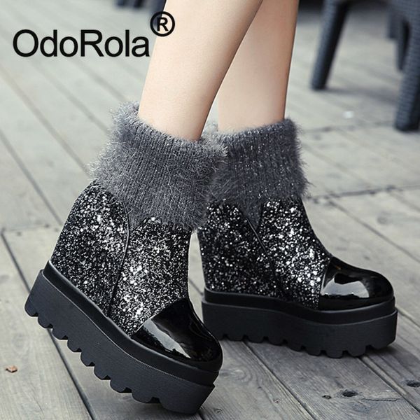 

warm winter boots snow boots for women platform wedges ankle fashion bling thick bottom sock flynit mid-calf, Black