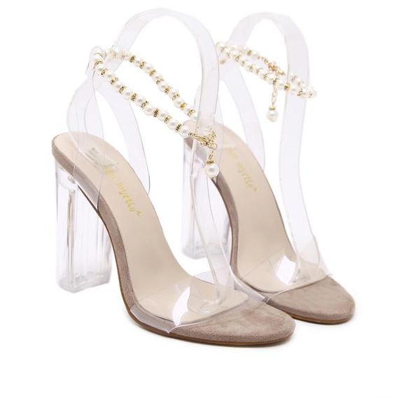 

summer fashion beading chain crystal clear transparent thick heel sandals party events size 35 to 40lll, Black