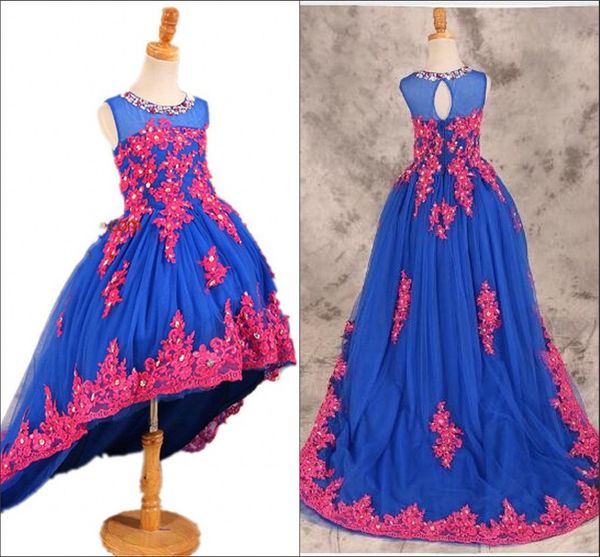 

hi lo ball gown flower girls dresses 2019 blue and fuchsia applique crystal beaded ruffle girls pageant dress kids toddler prom party dress, White;blue