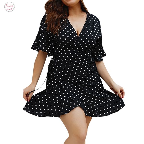 

2020 new summer women dress plus size elegant short petal sleeve v neck v neck polka dot wrap mini holiday beachwear 9030713, Black;gray