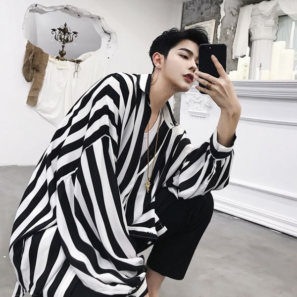 

spring autumn men's loose striped shirts oversize size blouse single breasted shirt black white b58, White;black