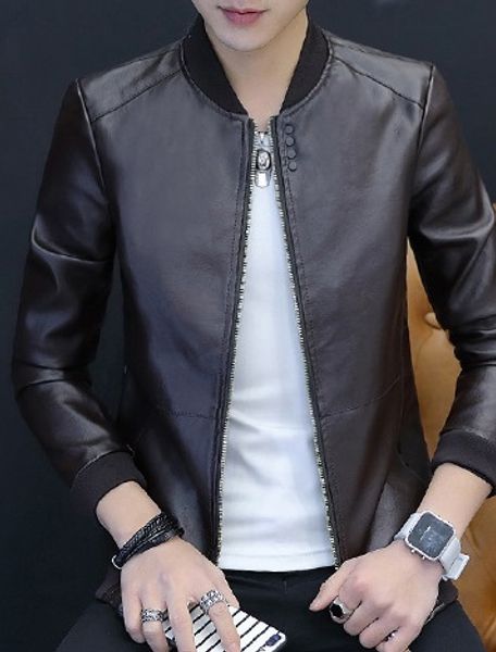 

autumn and winter new men's leather clothes youth plus velvet fashion leisure jacket men's leather jacket locomotive coat, Black