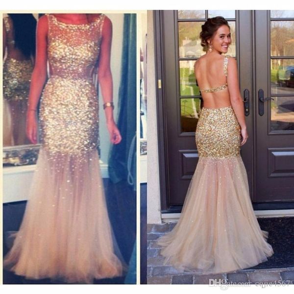 

2019 новый кристалл золото тюль длинные вечерние платья sexy backless пришивания лифа mermaid формальное пром партии мантий vestidos де novi, Black;red