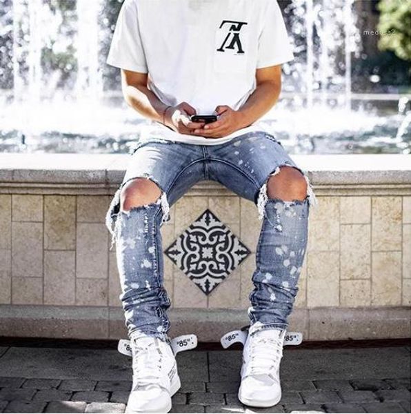 

fashion skinny light blue bleached pencil pants hiphop street jeans mens printed washed hole jeans summer