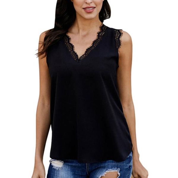 

plus size women stylish solid color sleeveless lace v neck vest loose tank casual top, White