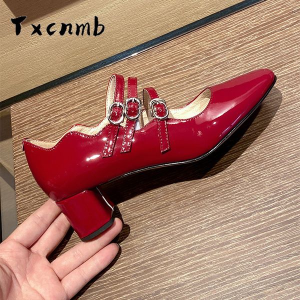 

txcnmb 2020 fashion women shoes pumps ladies genuine leather slip on square toe high heels wedding shoes high heel footwear, Black