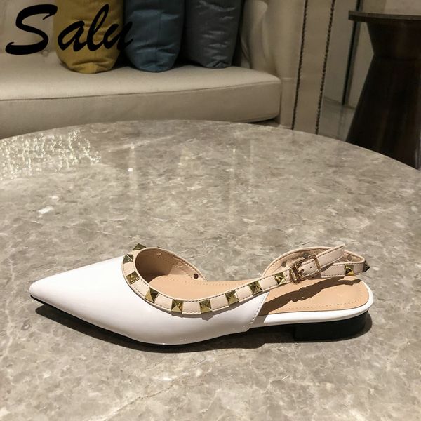 

salu women sandals solid pointed toe genuine leather shoes flat heels summer prom party working wedding basic shoes woman, Black