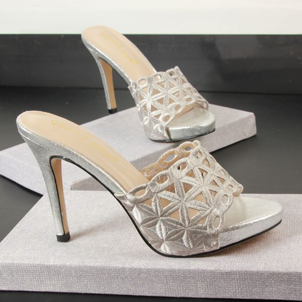 

women shoes 2020 summe slippers woman fashion peep toe sandalias thin heel party slippers high heel mesh cutout female sandals, Black