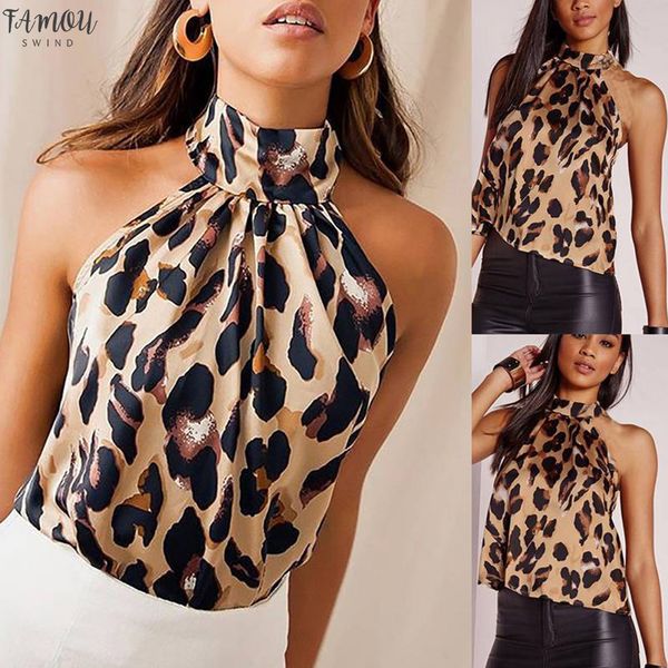 

leopard women halter off shoulder tank regular casual blouse vest o neck shirt blouse, White