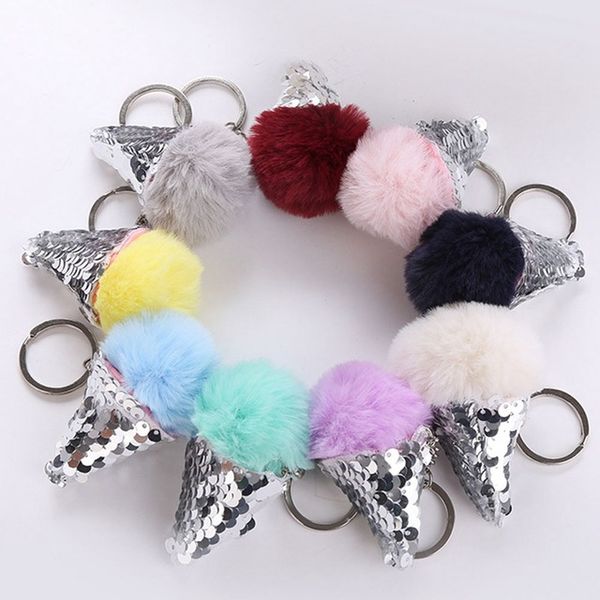 

Sequins Fur Ball Cream Cone Keychain Furry Acrylic Key Chain Ring Keyring Backpack Women Shoulder Bags Pendant